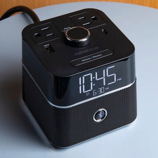 Hotel Night Stand Power Cube with Alarm Clock, Bluetooth Speakers, Power Outlets, USB-A and USB-C Ports | GuestOutfitters.com