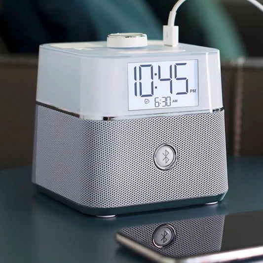 Resort Hotel Power Cube with Alarm Clock, Bluetooth Speakers, Power Outlets, USB-A and USB-C Ports | GuestOutfitters.com