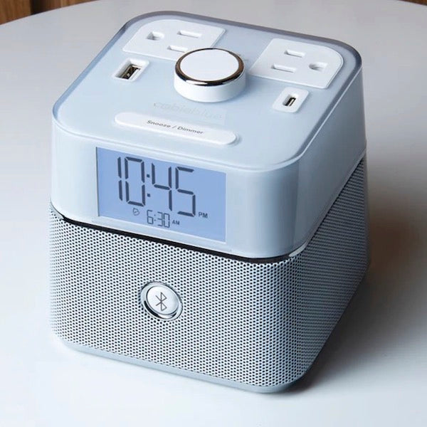 Vacation Rental Power Cube with Alarm Clock, Bluetooth Speakers, Power Outlets, USB-A and USB-C Ports | GuestOutfitters.com