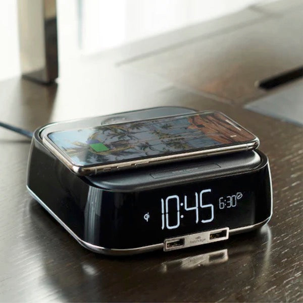 Wireless Qi Charging Power Cube with Alarm Clock for Hotels | GuestOutfitters.com