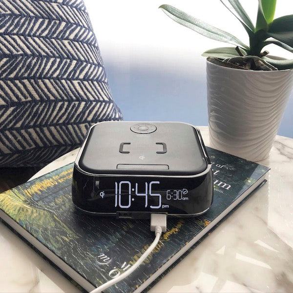 Wireless Qi Charging Power Cube with Alarm Clock for Vacation Rentals | GuestOutfitters.com