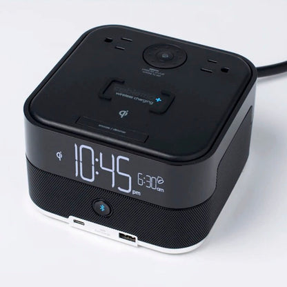 Bluetooth Wireless Qi Charging Power Cube and Alarm Clock for vacation rentals | GuestOutfitters.com