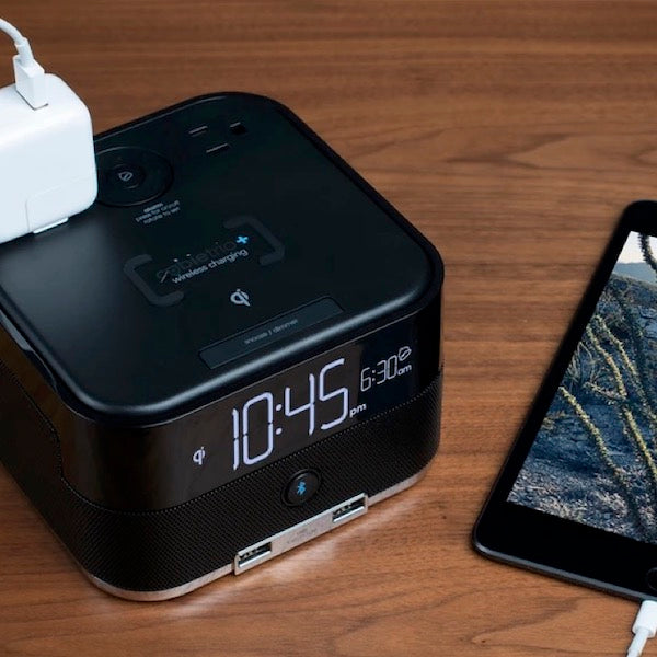 Bluetooth Speakers, Wireless Qi Charging Power Cube alarm clock for vacation rentals  | GuestOutfitters.com