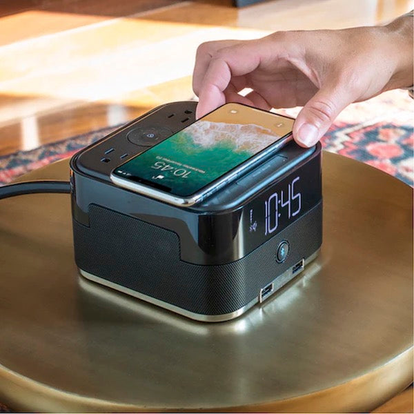 Bluetooth Wireless Qi Charging Power Cube and Alarm Clock for vacation rentals | GuestOutfitters.com