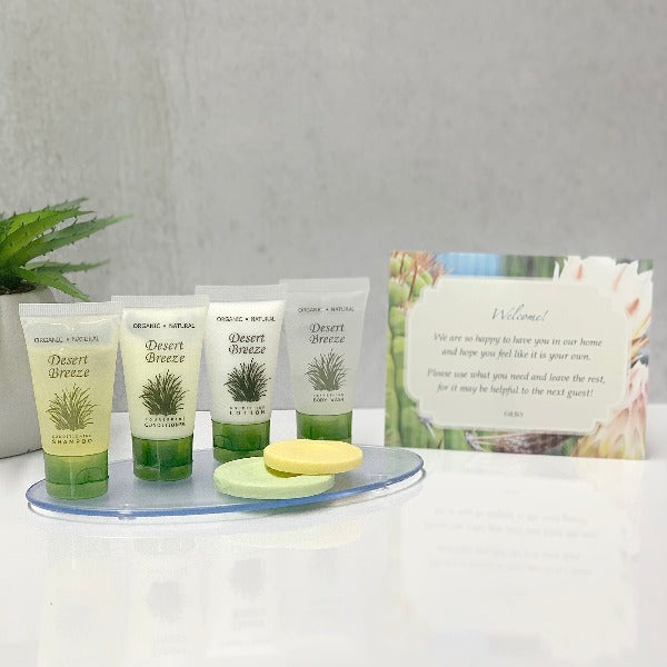 Desert Breeze Hotel Size Bath Toiletries and Custom Printed Cards for Vacation Rentals | GuestOutfitters.com