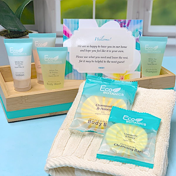 Eco Botanics Hotel Size Bath Amenities and Custom Cards for Vacation Rentals | GuestOutfitters.com