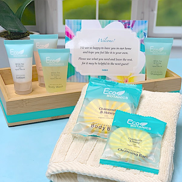 Eco Botanics Hotel Size Toiletry Supplies and Custom Cards for Vacation Rentals | GuestOutfitters.com