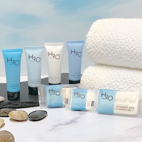 H2O Therapy Hotel Size Bath Toiletries for Lakeside Themed Vacation Rentals | GuestOutfitters.com