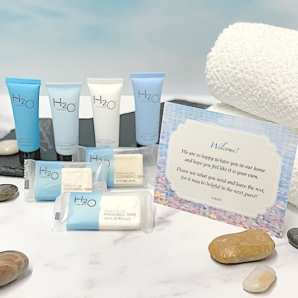 H2O Therapy Hotel Size Amenity Supplies and Custom Cards for Airbnb Home Rentals | GuestOutfitters.com