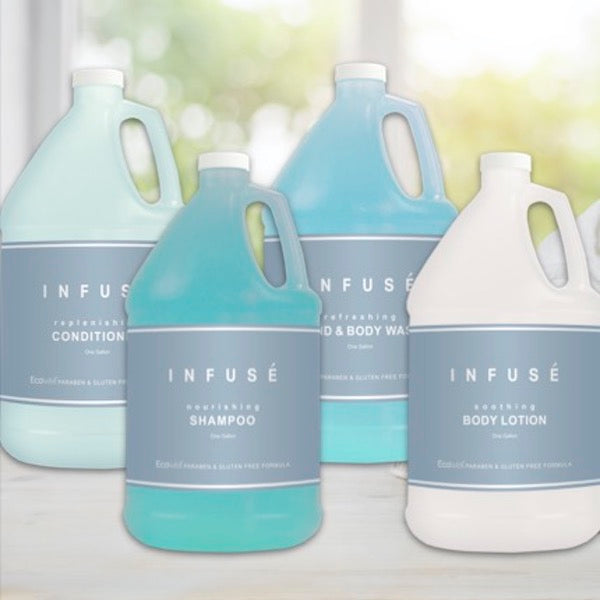 Infuse White Tea and Coconut Hotel Gallon 4-Pack, Shampoo, Conditioner, Lotion and Body Wash | GuestOutfitters.com