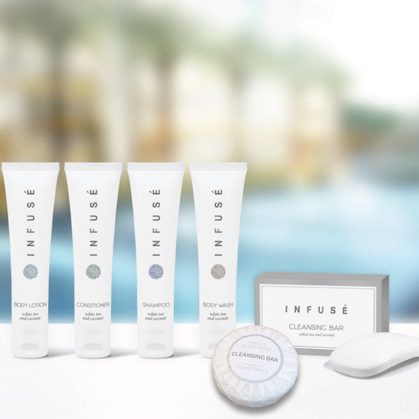 Hotel Size Infusé White Tea Toiletry Collection for Vacation Rental Supplies | GuestOutfitters.com