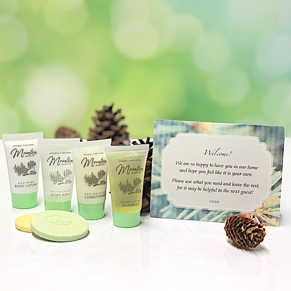 Mountain Breeze Hotel Size Toiletries and Custom Welcome Cards for Vacation Rentals | GuestOutfitters.com