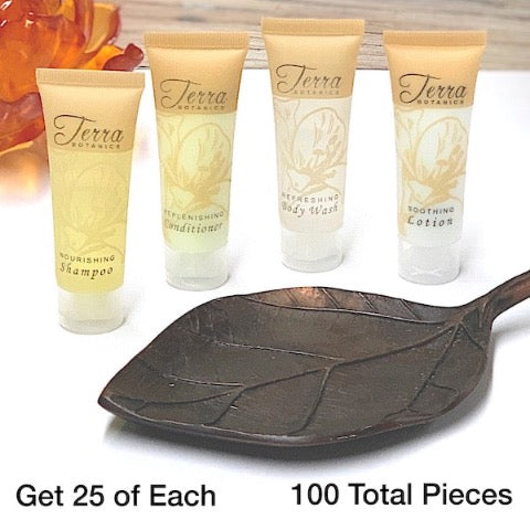 Terra Botanics 100 Piece Hotel Size Shampoo, Conditioner, Body Wash and Lotion Bundle Sets for Vacation Rentals | GuestOutfitters.com