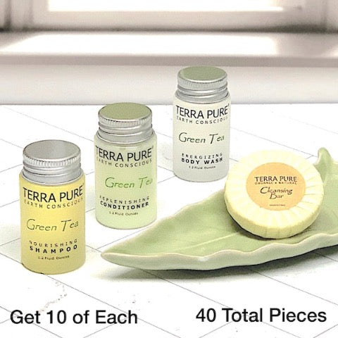 Terra Pure Green Tea 40 Piece Bath Toiletry Bundles for Vacation Rentals | GuestOutfitters.com
