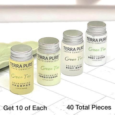 Terra Pure Green Tea 40 Piece Bath Amenity Bundles for Vacation Rentals | GuestOutfitters.com