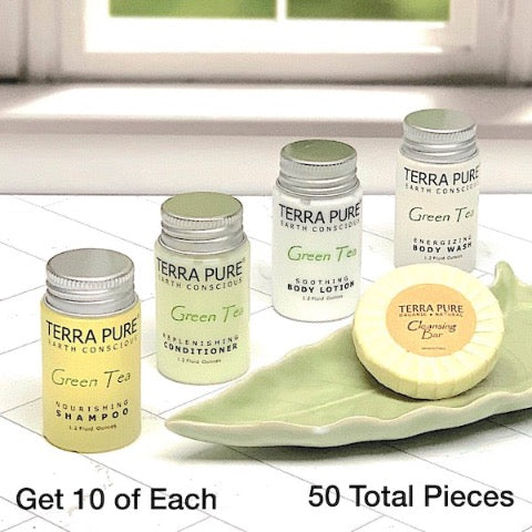 Hotel Size Terra Pure Green Tea 50 Piece Bath Toiletry Bundles for Vacation Rentals | GuestOutfitters.com