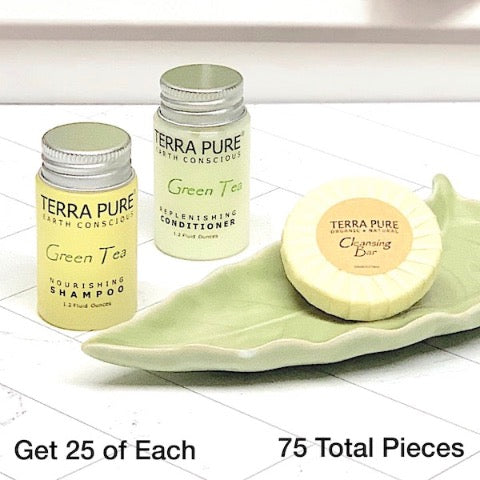 Terra Pure Green Tea 75 Piece Bath Toiletry Bundles for Vacation Rentals | GuestOutfitters.com