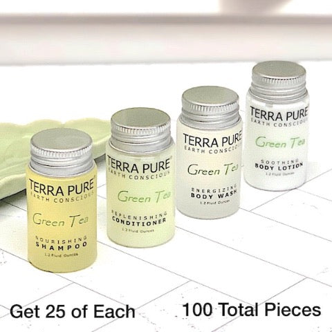 Terra Pure Green Tea 100 Piece Bath Amenity Bundles for Vacation Rentals | GuestOutfitters.com