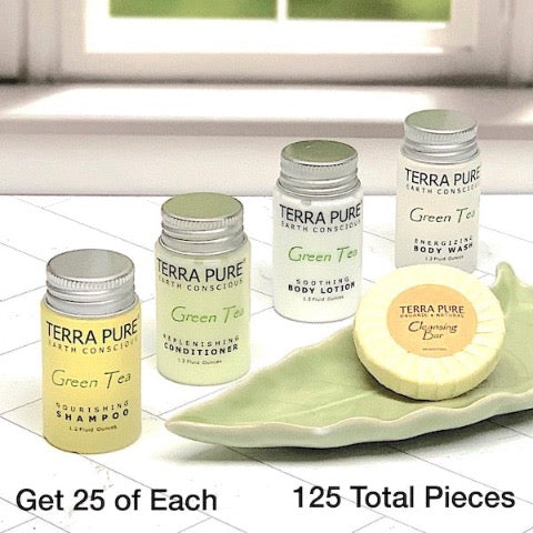 Terra Pure Green Tea 125 Piece Bath Toiletry Bundles for Vacation Rentals | GuestOutfitters.com