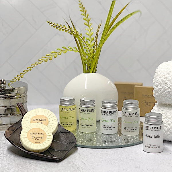 Terra Pure Green Tea Luxury Hotel Size Bath Amenities for Vacation Rentals | GuestOutfitters.com