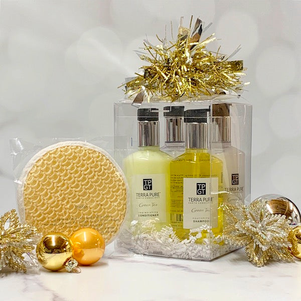 Terra Pure Green Tea gift box spa collection of shampoo, conditioner, body wash and lotion l GuestOutfitters.com