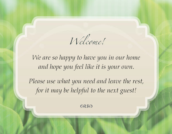 Custom Printed Green Tea Themed Guest Welcome Cards for Vacation Rentals Supplies | GuestOutfitters.com