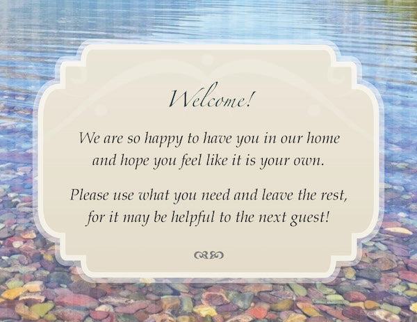 Custom Bath Welcome Cards for Lakeside Airbnb, VRBO Vacation Rentals | GuestOutfitters.com